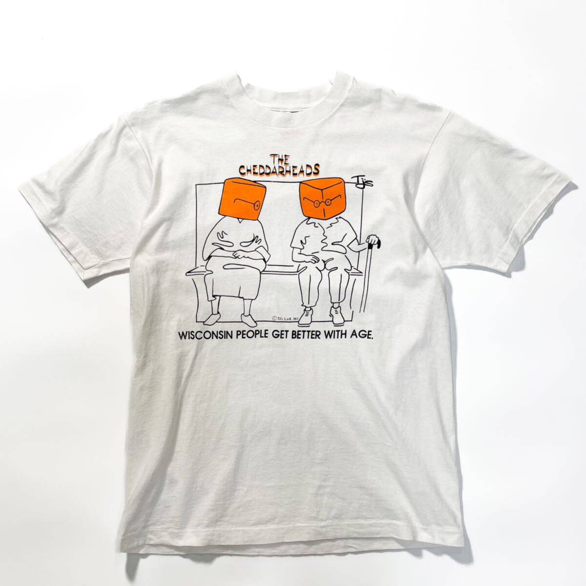 90s 80s cheddar heads プリントt Tシャツ アメリカ製 ビンテージ usa old フルーツオブザルーム L ウィスコンシン Fruit of the loom tee_画像1