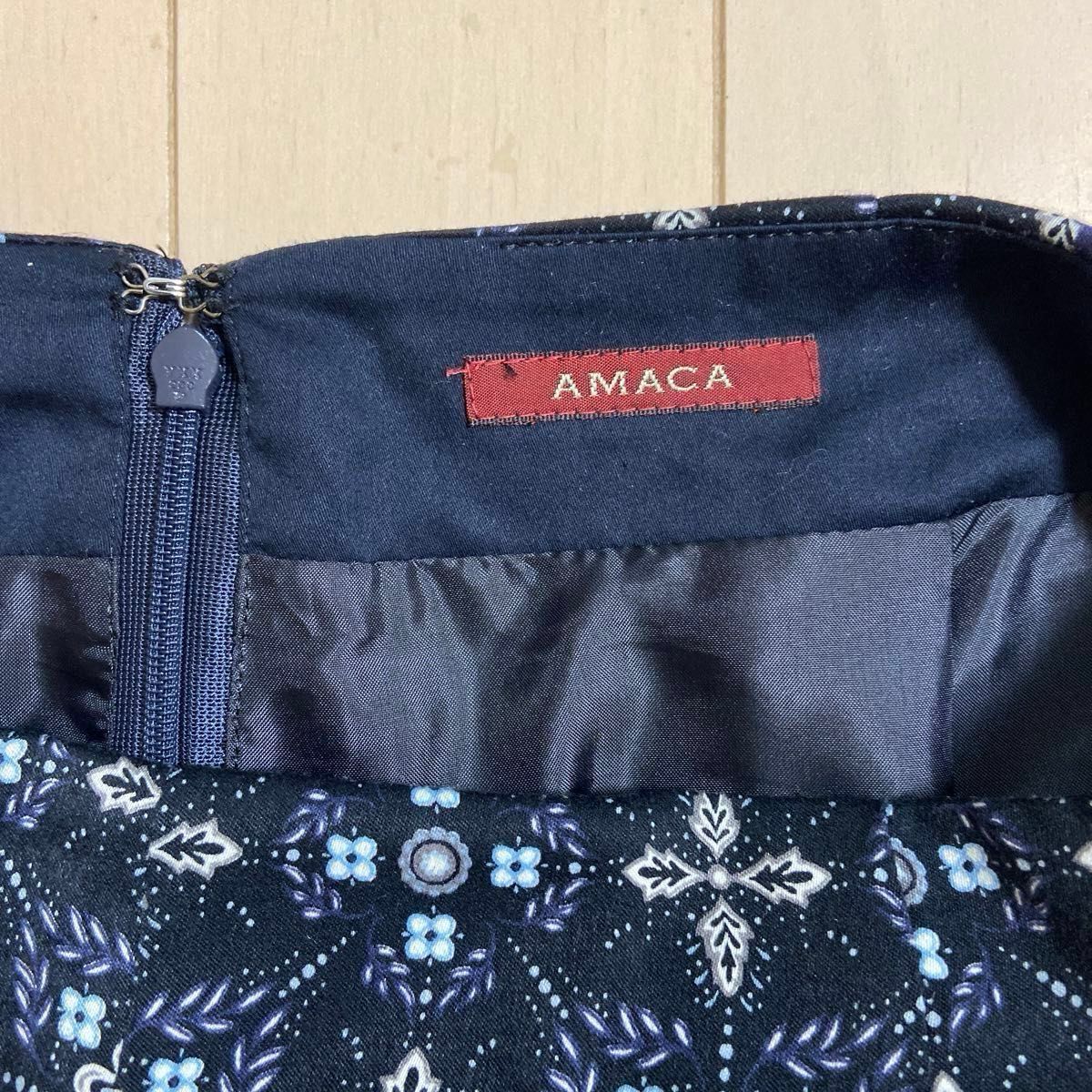 AMACA スカート　ウェスト66cm 膝丈　紺　ミモレ