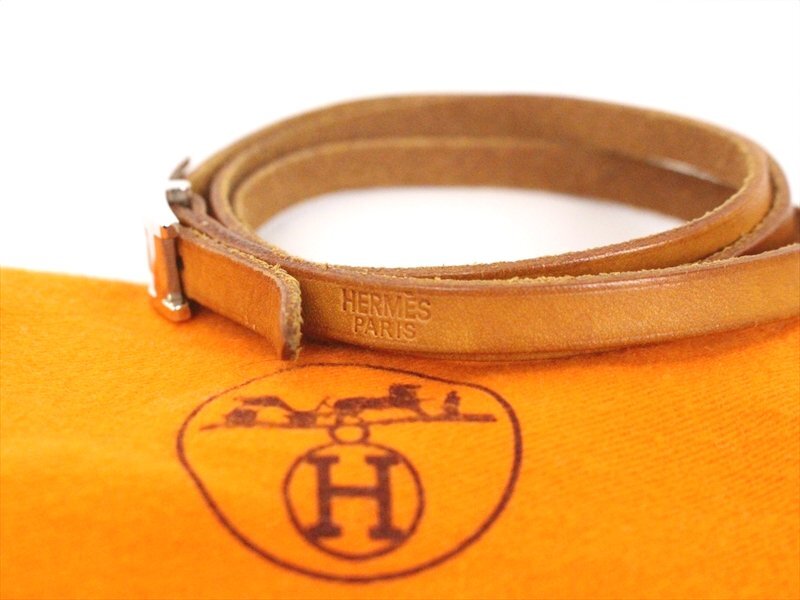 HERMES【エルメス】レザーブレスレット☆チョーカー☆4重☆2重☆ブラウン×シルバー金具☆ロゴ☆メンズ☆レディース☆保存袋_画像2