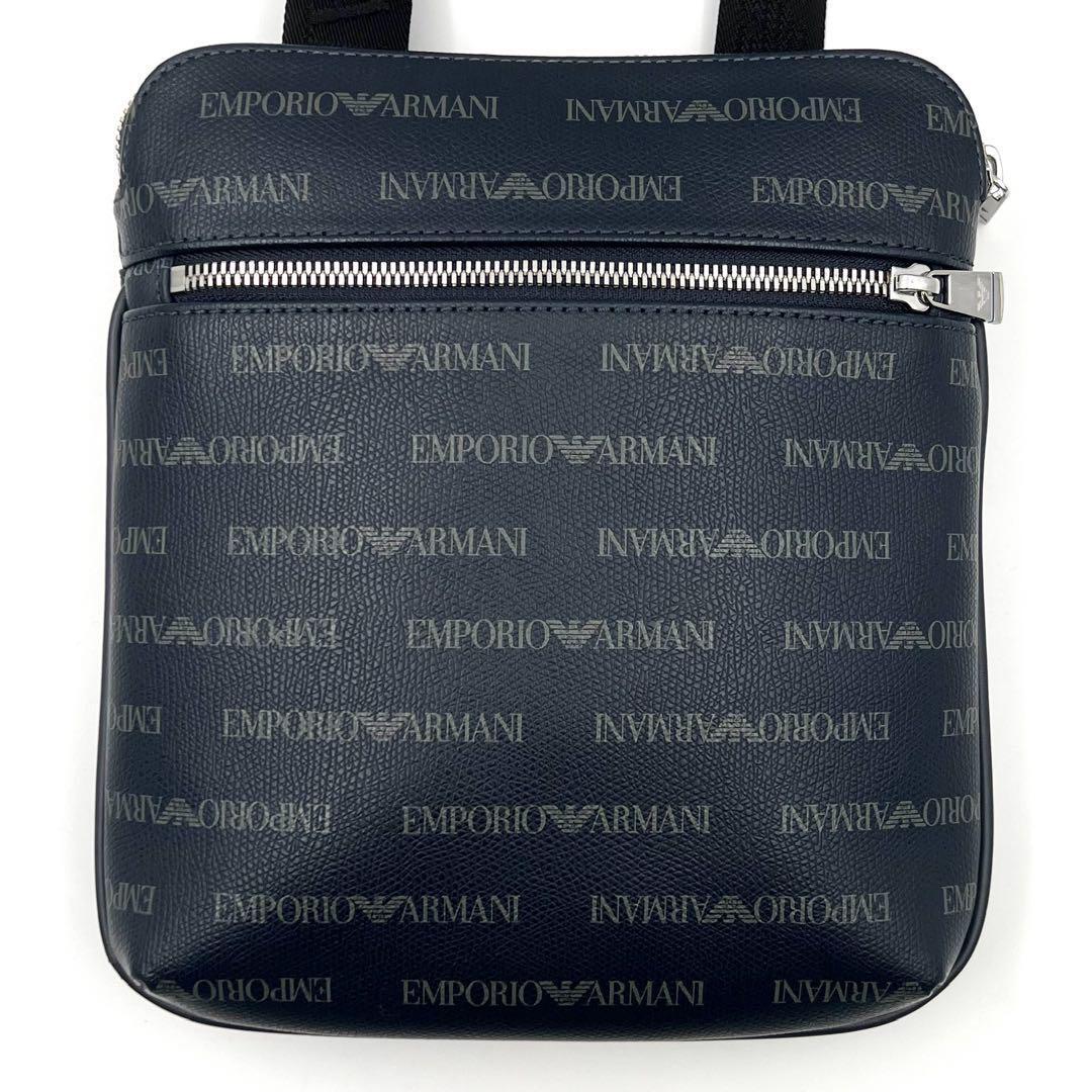 《極美品》EMPORIO ARMANI エンポリオアルマーニ メンズ ビジネス 総柄ロゴ ショルダーバッグ サコッシュ ネイビー 斜め掛け