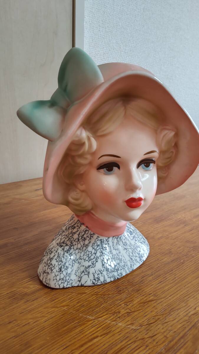 レディスヘッドベース　レトロ　1950～60年代　ハンドペイント（大）ピンク帽子_画像2