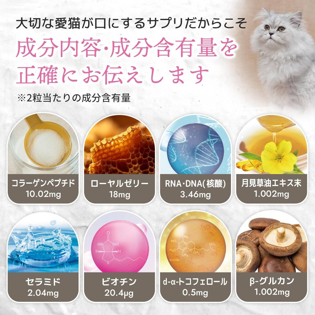 猫用の皮膚・毛艶の健康維持サプリ「猫用サプリ・毎日美肌」＜カツオ味錠剤 １袋60粒入＞【8成分配合】コラーゲンペプチド ローヤルゼリー_画像4