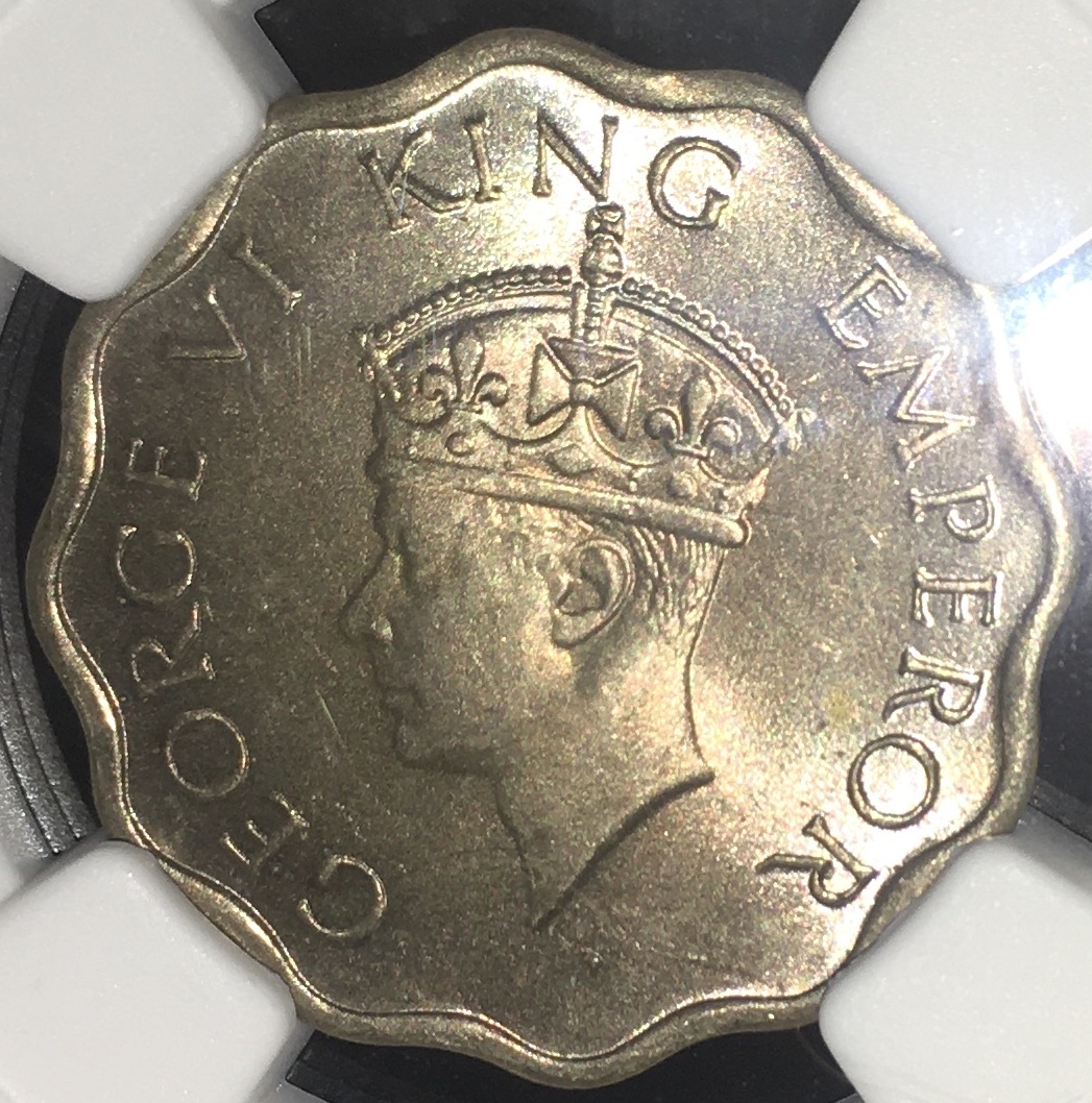 1940年 英領インド NGC 高鑑定 MS64+ 上位グレード2枚のみ カルカッタ 1アンナ ANNA 変形コイン ジョージ６世 スカロップドエッジ_画像2