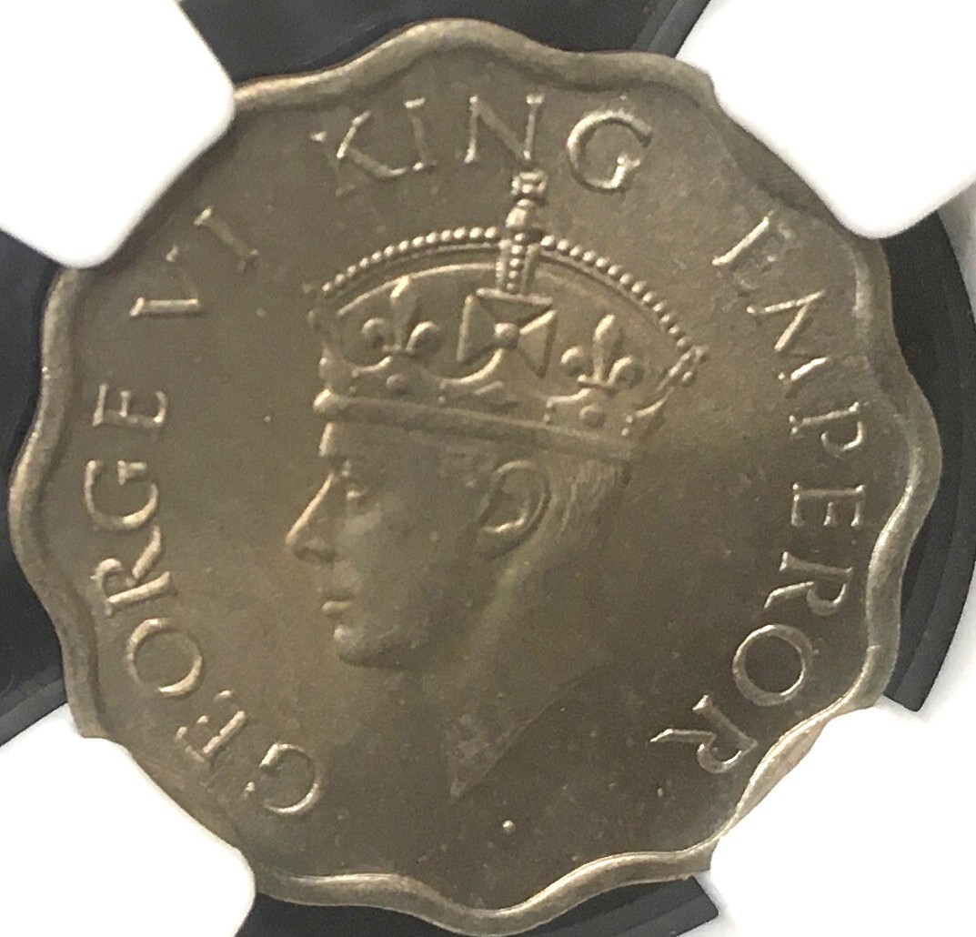 1940年 英領インド NGC 高鑑定 MS64+ 上位グレード2枚のみ カルカッタ 1アンナ ANNA 変形コイン ジョージ６世 スカロップドエッジ_画像7