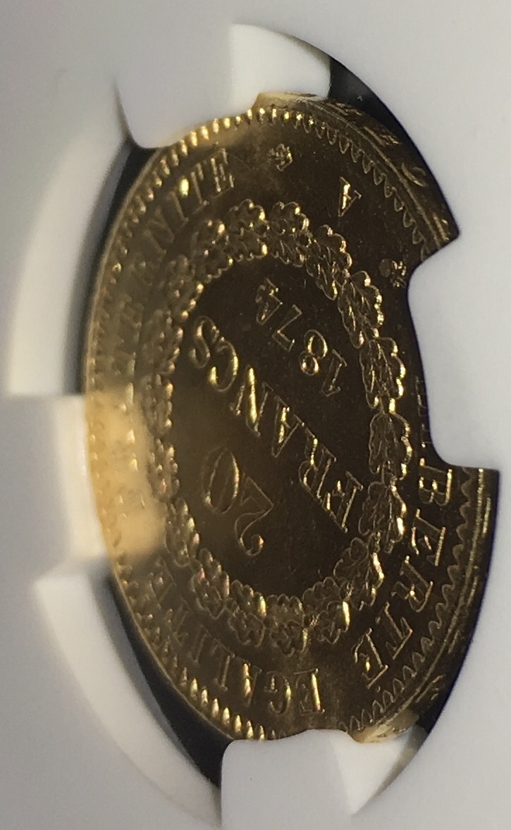 1874年 エンゼル金貨 MS63 パリミント フランス 守護天使 エンジェル 金貨 20フラン NGC 高鑑定 アンティークコインの画像9