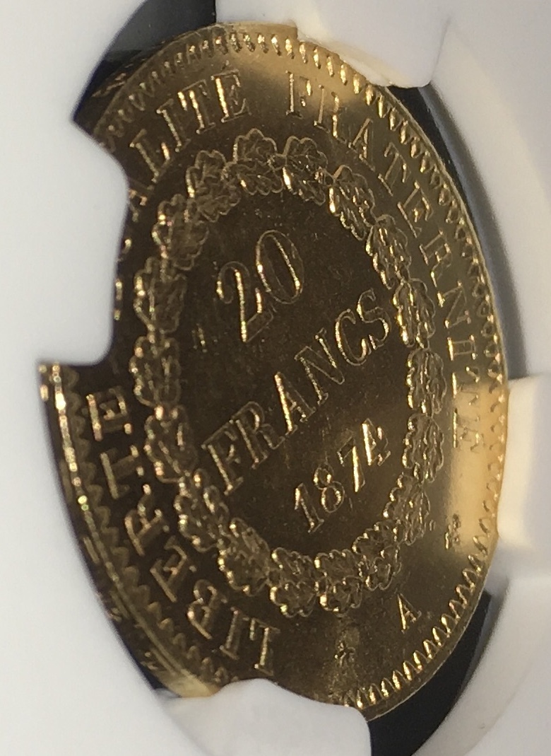 1874年 エンゼル金貨 MS63 パリミント フランス 守護天使 エンジェル 金貨 20フラン NGC 高鑑定 アンティークコインの画像8