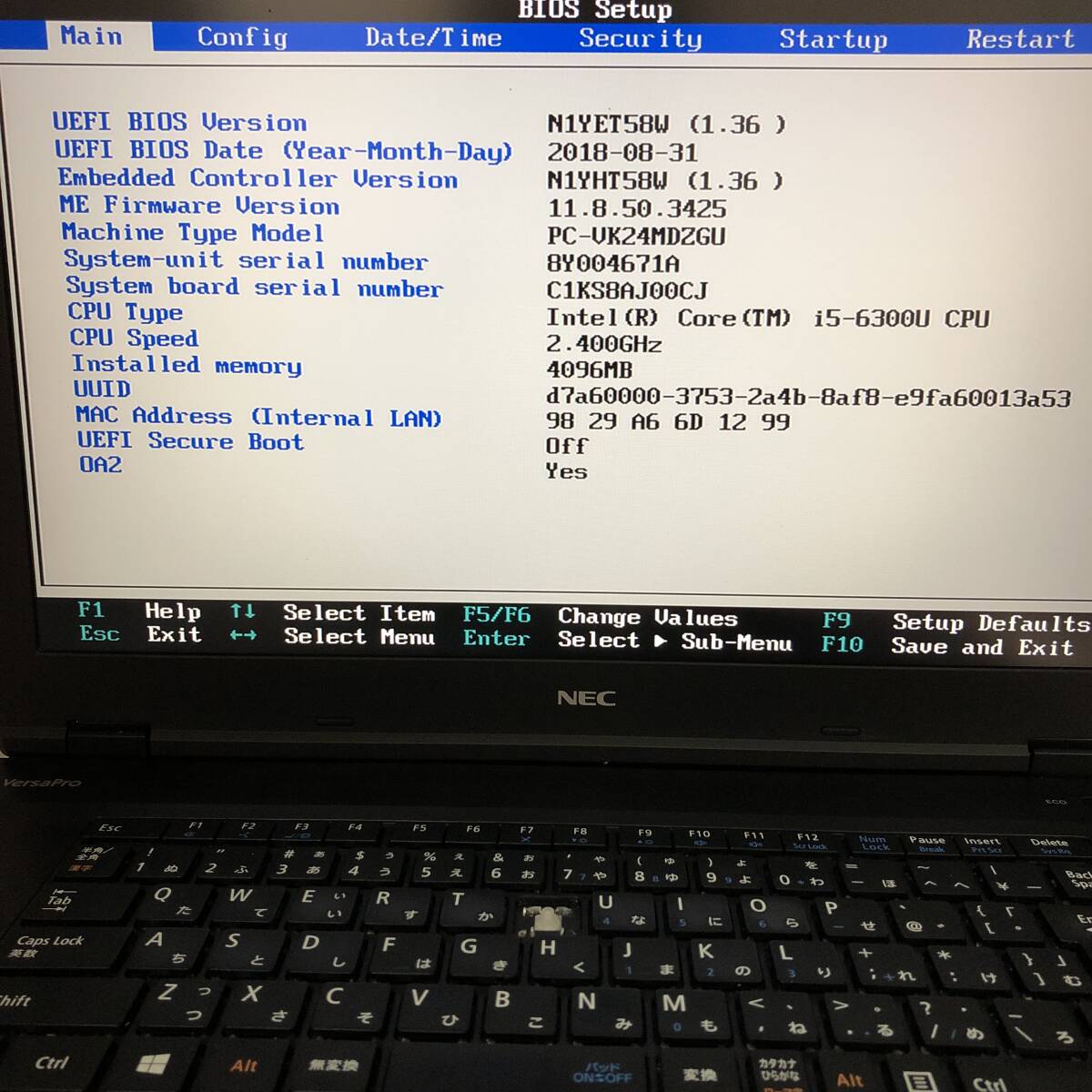 【BIOS起動】ジャンク 2018年 NEC VersaPro PC-VK24MDZGU CPU Core i5-6300U メモリ4GB SSD/HDDなし 中古 PC ノートパソコン 基盤 部品_画像2