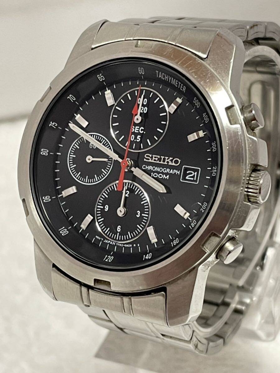 【44-17】1円〜【稼働品】SEIKO セイコー クロノグラフ 7T92-0BF0 クォーツ デイト 純正ベルト ブラック メンズ 同梱不可_画像1