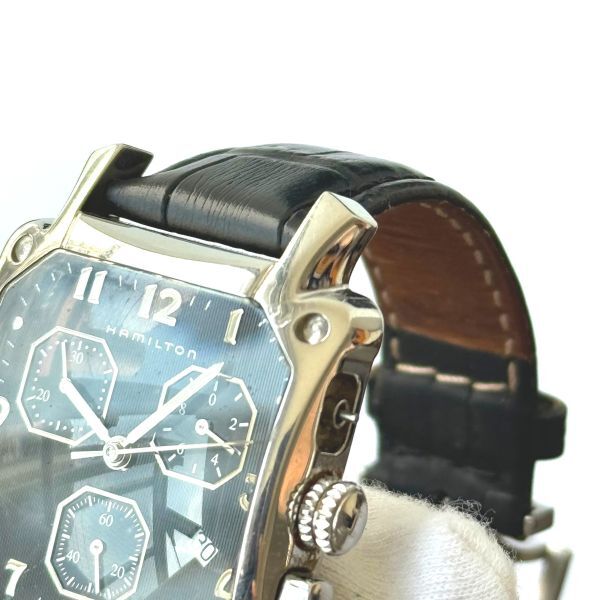 ◆ ハミルトン Hamilton ロイド クロノグラフ クォーツ 腕時計 H194120 メンズウォッチ 不動品 黒文字盤 純正バックル スクエア デイト_画像9