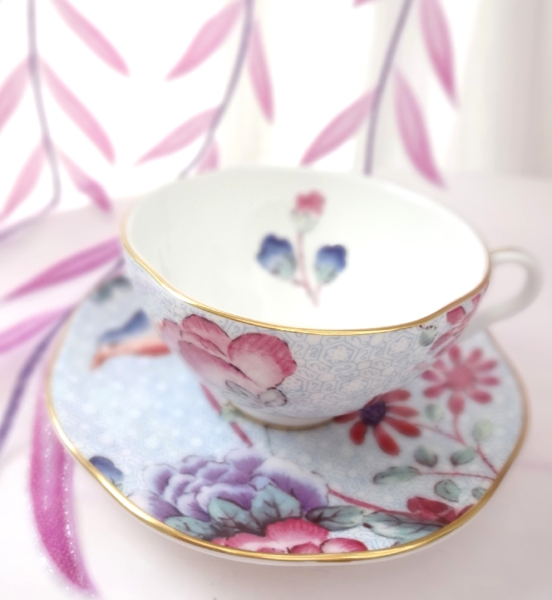 英国◆廃版 WEDGWOOD カップ＆ソーサー ハーレクイン カッコー ブルー ウェッジウッド 花 陶器 コーヒー ティーカップ 兼用 新品_画像2