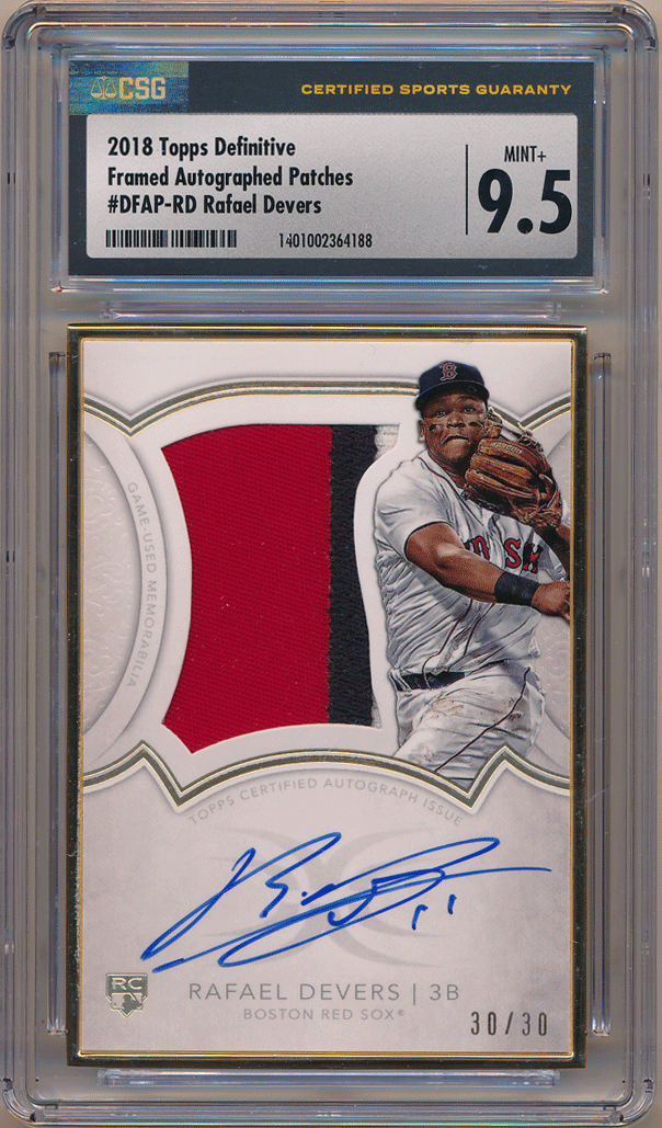 2018 Topps Definitive【Rafael Devers RC CSG9.5 Auto】Rookie Framed Autograph Patch 30/30枚限定ラスナン・3色パッチ直書きサインの画像1