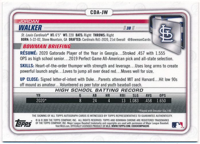 Jordan Walker MLB 2020 Bowman Chrome Draft 1st Bowman Blue Refractor Auto 150枚限定 ブルーリフオート ジョーダン・ウォーカーの画像2