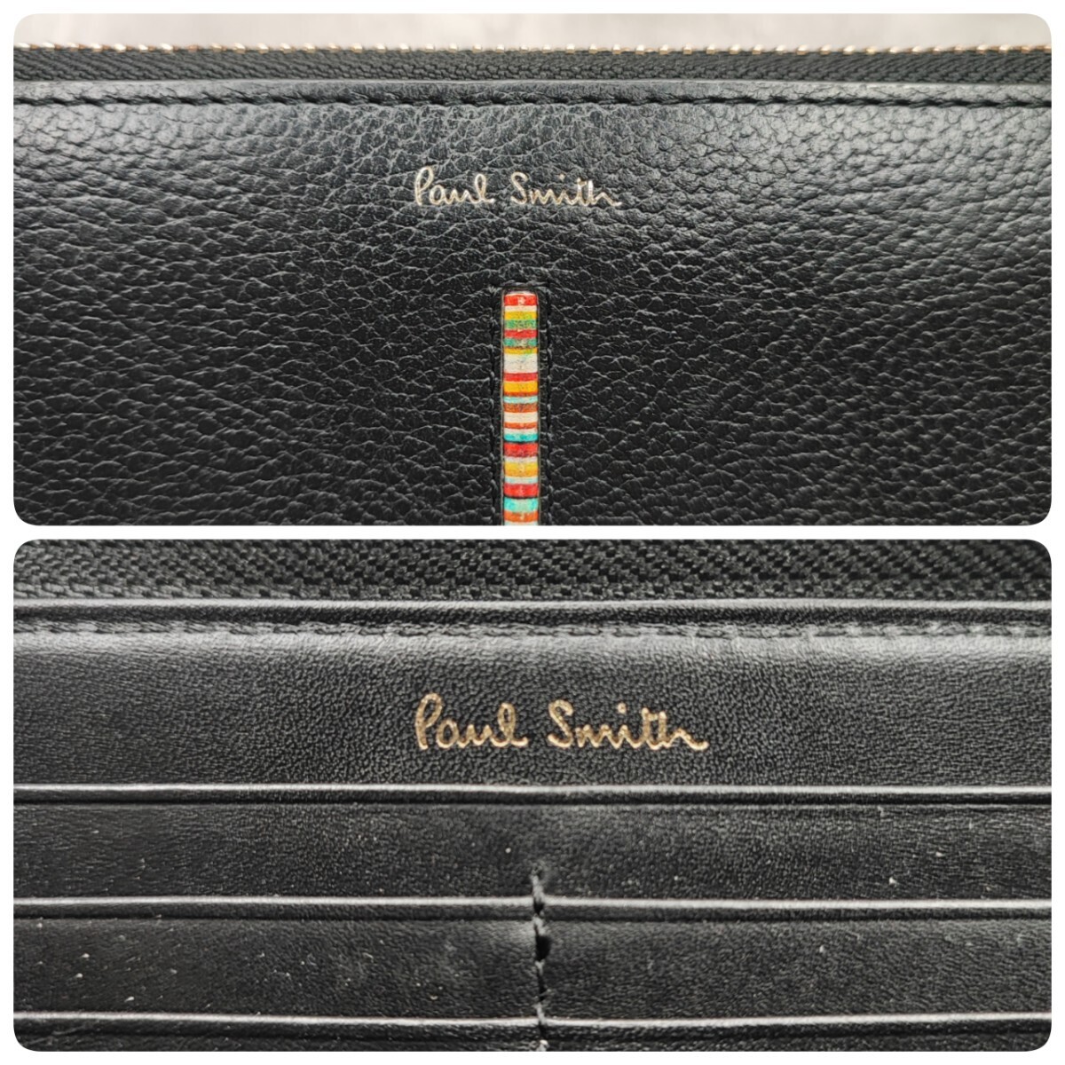 極美品●Paul Smith ポールスミス メンズ 長財布 インセット マルチストライプ ラウンドファスナー ジップ ロゴプリント レザー 黒ブラック_画像10