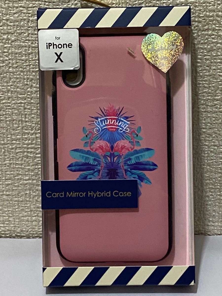 iPhone XS X ハイブリッドケース ミラー付カード収納 f フラミンゴA アイフォーン xs カードケース付 鏡付 _画像1