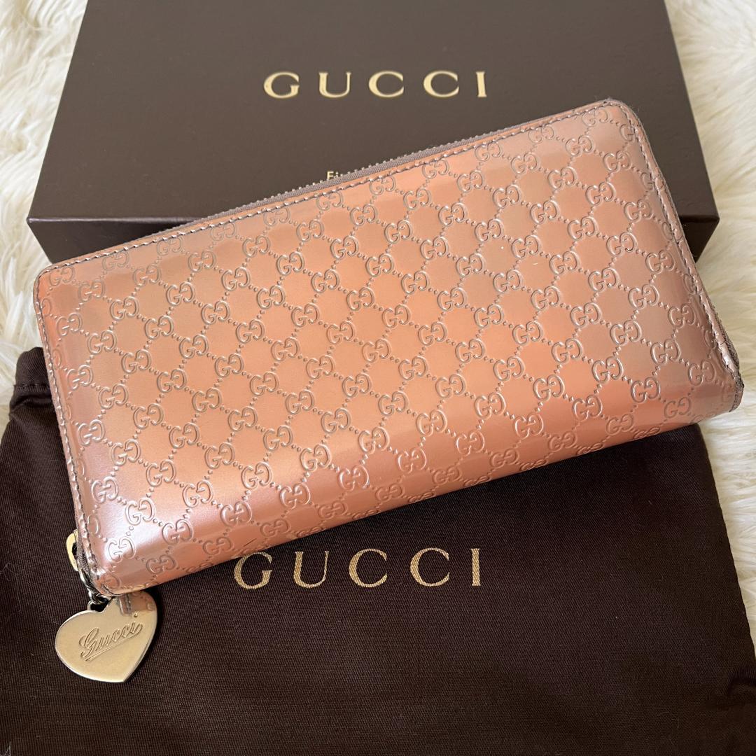 ⑮GUCCI グッチ マイクログッチシマ ラウンドジップ 長財布 エナメルサーモンピンク_画像1