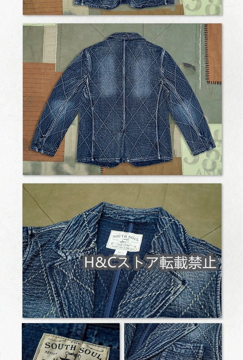 刺し子 ステッチ デニム テーラードジャケット 藍染 ブリーチ カバーオール S～2XL_画像3