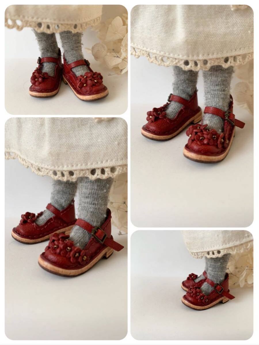 *Blythe outfit Neo Blythe чистый колено moS crimson red с цветами туфли с ремешками кожа кукла ботинки кожа миниатюра asime