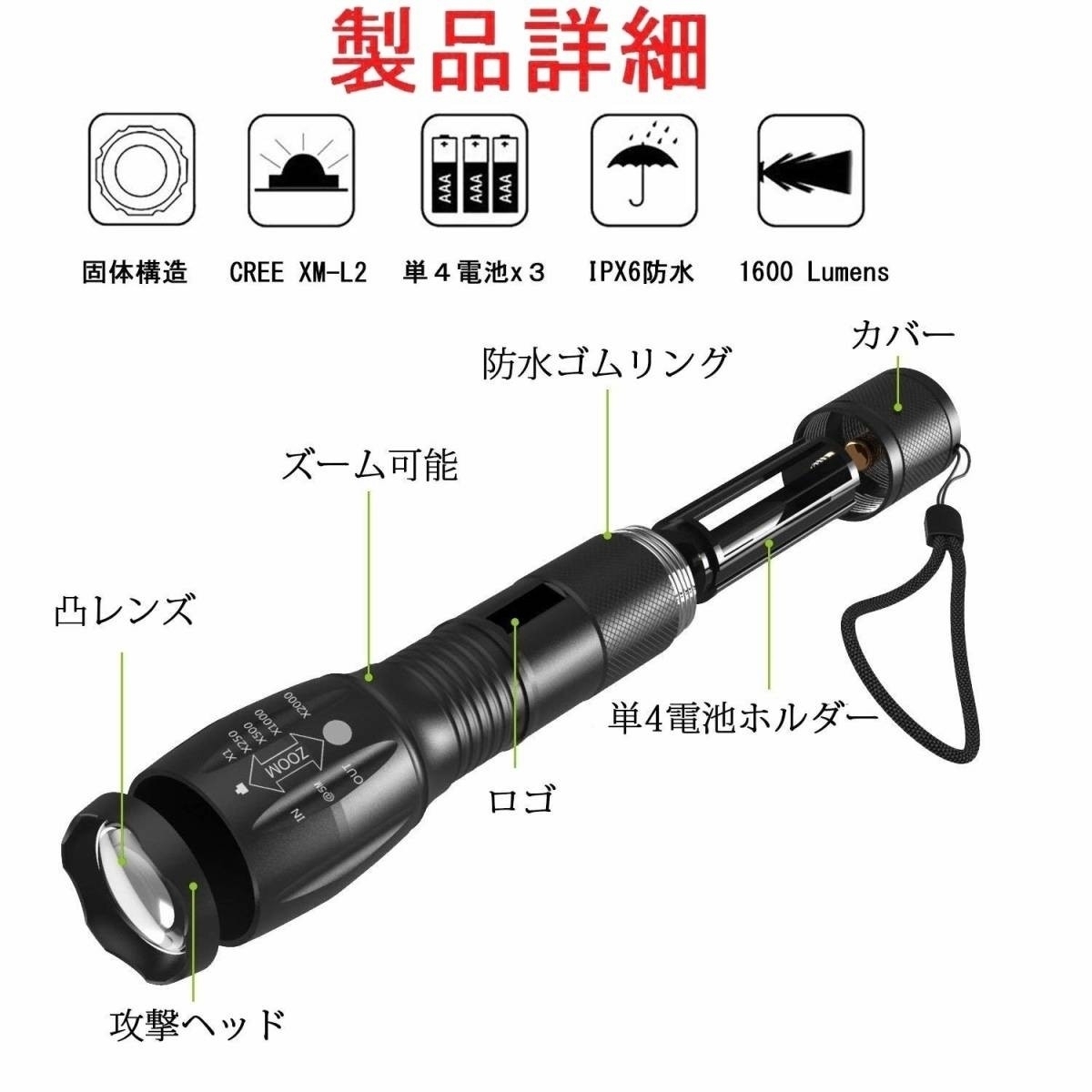 送料無料 懐中電灯 ledライト 強力 軍用 ハンディライト フラッシュライト 小型 1600ルーメン ズーム式 5モード切替 防災 アウトドア対策の画像7