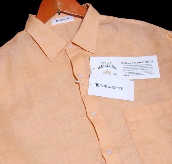 新品!! タケオキクチ SHOP TK ベルギー リネン カラー 長袖シャツ ライトオレンジ 04 (XL) 送料安 麻混 ざっくり ゆったり 春物 秋物 橙 LL_色について…少し明るめに写っています