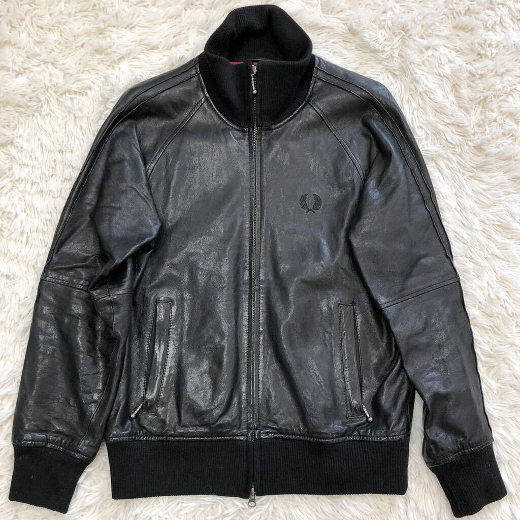  rare L! Fred Perry [ illusion. gentleman clothes ]FRED PERRY leather jacket black blouson ram leather sheep leather . hand lining Logo embroidery rib sleeve high class 40