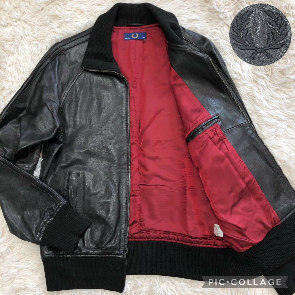  rare L! Fred Perry [ illusion. gentleman clothes ]FRED PERRY leather jacket black blouson ram leather sheep leather . hand lining Logo embroidery rib sleeve high class 40