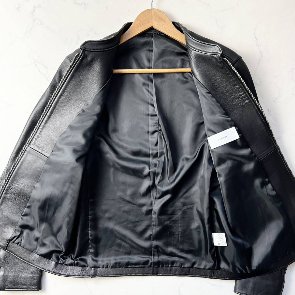 E21( rare size L)LIDnM[ refined stylish ] ram leather rider's jacket single sheep leather black Llidom