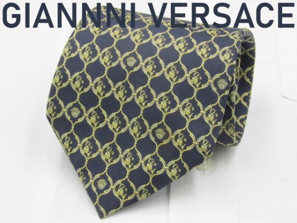 【ヴェルサーチ】 OC 121 ジャンニ・ヴェルサーチ GIANNNI VERSACE ネクタイ 黒 ゴールド系 チェーン 格子柄 プリント_画像1