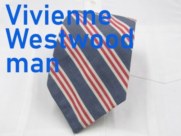 【ヴィヴィアン】 OC 182 ヴィヴィアン・ウエストウッド Vivienne Westwood man ネクタイ 紺色系 赤 ストライプ柄 ボタン付き プリント_画像1