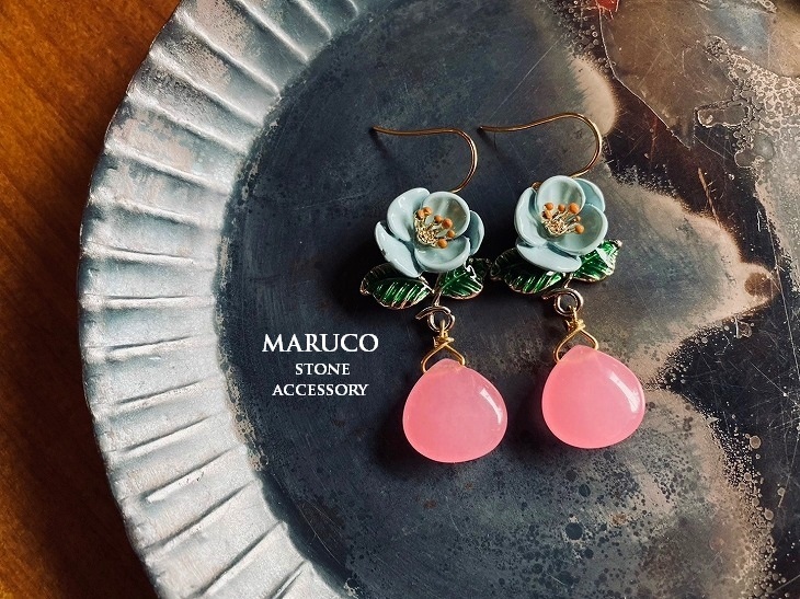 △MARUCO△PP400-285ジェードpink marron+FLOWER*天然石ピアス ステンレス 　【送料無料】*イヤリング+100円 樹脂ピアス+50円*　　_画像1