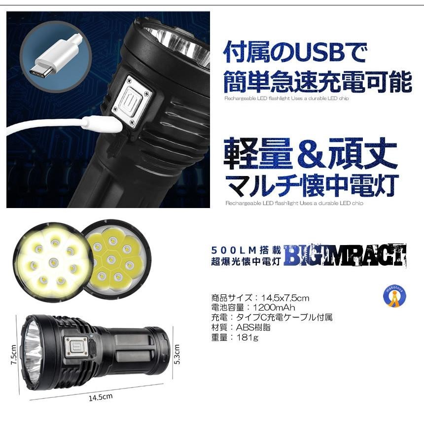 ビッグインパクト懐中電灯 強力照射 USB充電式 爆光 マルチ 4つの点灯 照明 ランプ 緊急 災害 ライト LED BIGIMPAC_画像8