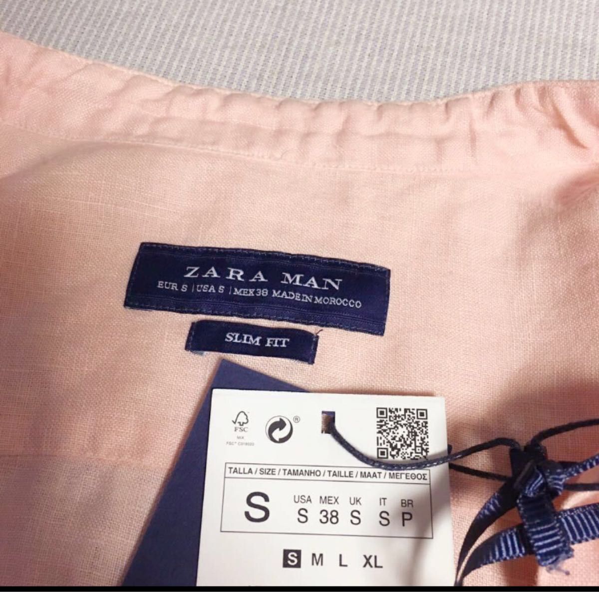 夏に最適 速乾 リネン 100% ZARA MAN 麻 リネン シャツ ピンク S 38 メンズ 長袖 スタンドカラー 立ち襟