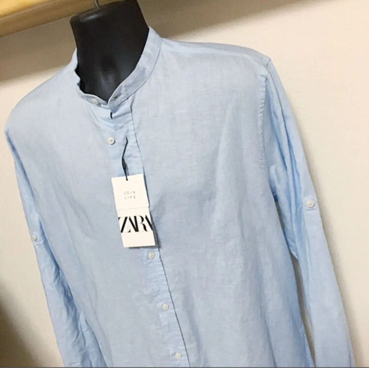 夏に最適 速乾 新品 リネン ZARA MAN 青 水色 麻 シャツ XL メンズ 長袖 スタンドカラー 立ち襟 マオカラー