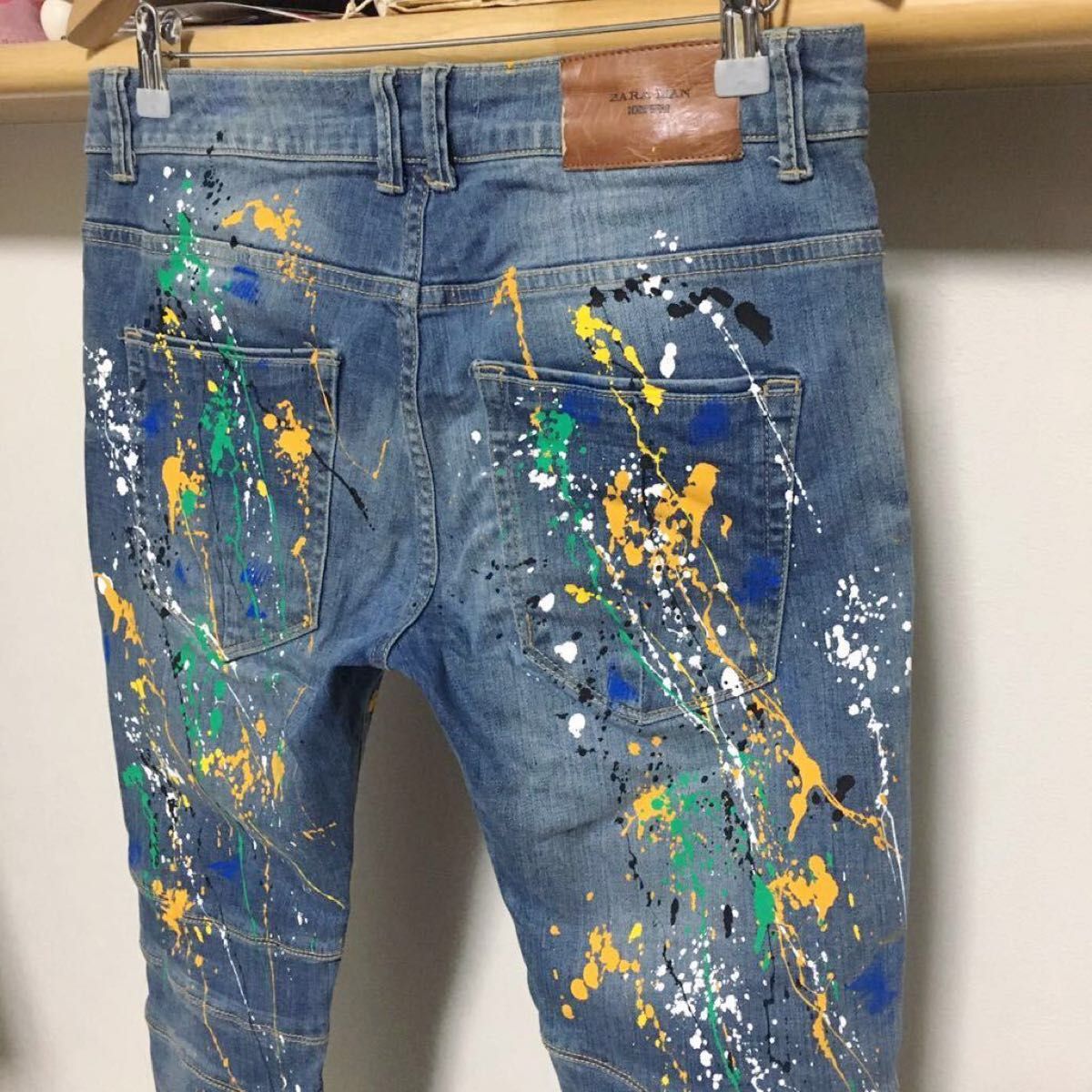 インパクト抜群 ペイント ZARA MAN バイカー デニム 40 31 ストレッチ スキニー メンズ パンツ ジーンズ ブルー