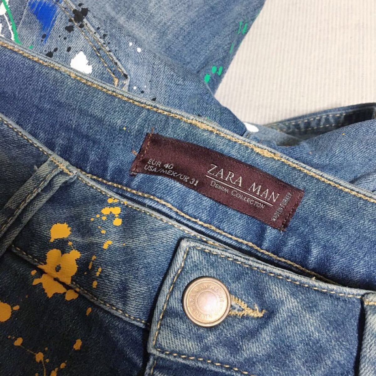 インパクト抜群 ペイント ZARA MAN バイカー デニム 40 31 ストレッチ スキニー メンズ パンツ ジーンズ ブルー