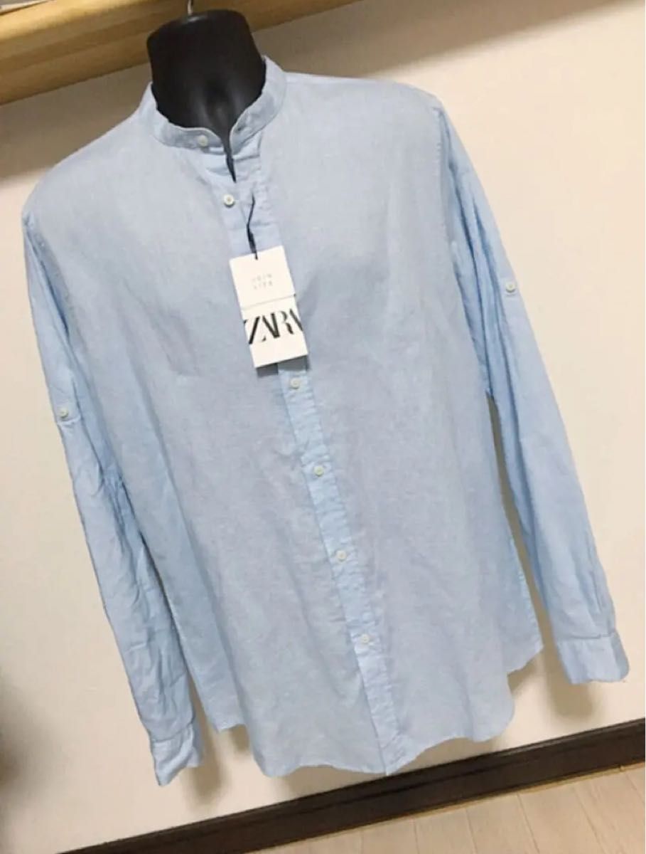 夏に最適 速乾 新品 リネン ZARA MAN 青 水色 麻 シャツ XL メンズ 長袖 スタンドカラー 立ち襟 マオカラー