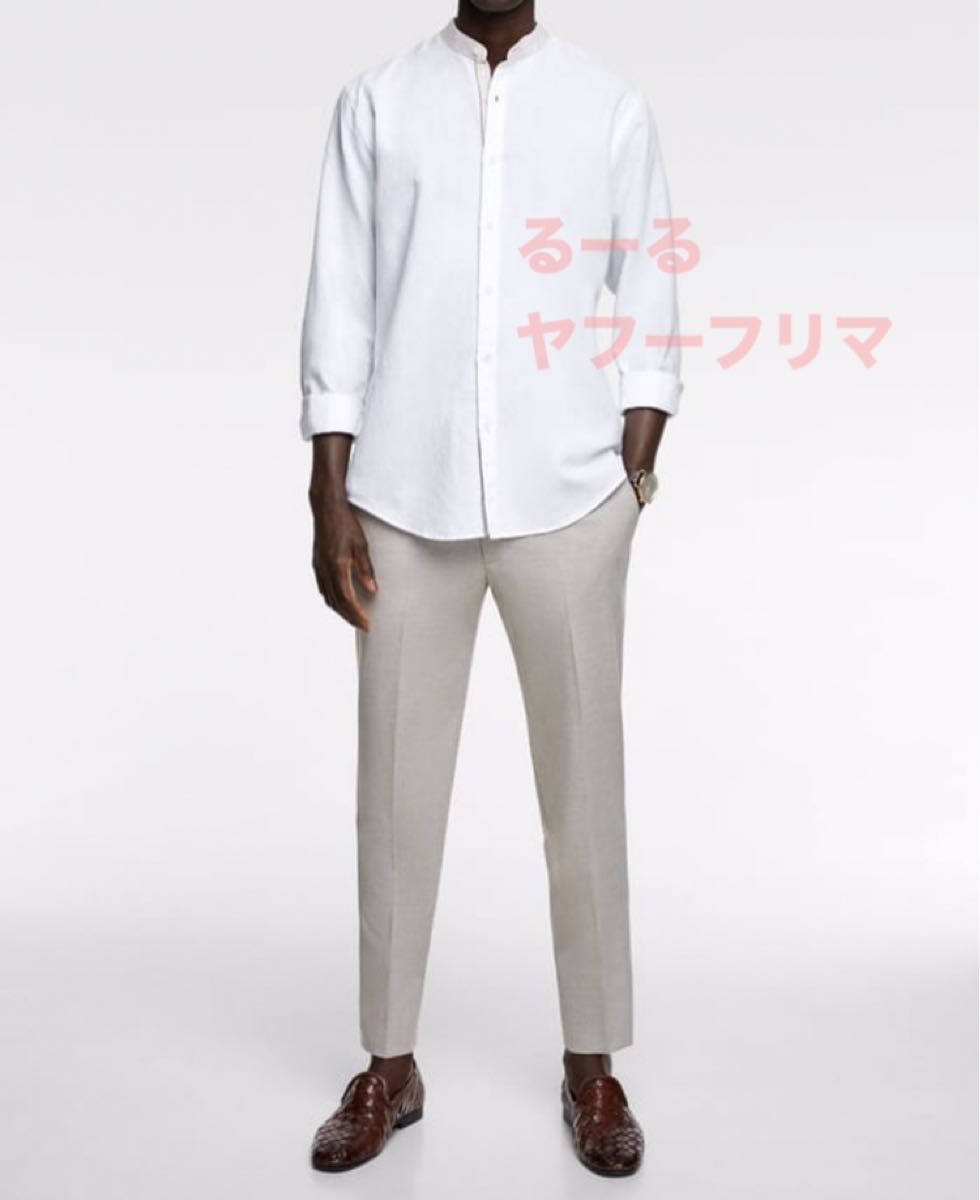 夏に最適 速乾 リネン 100% ZARA MAN 麻 リネン シャツ ピンク S 38 メンズ 長袖 スタンドカラー マオカラー