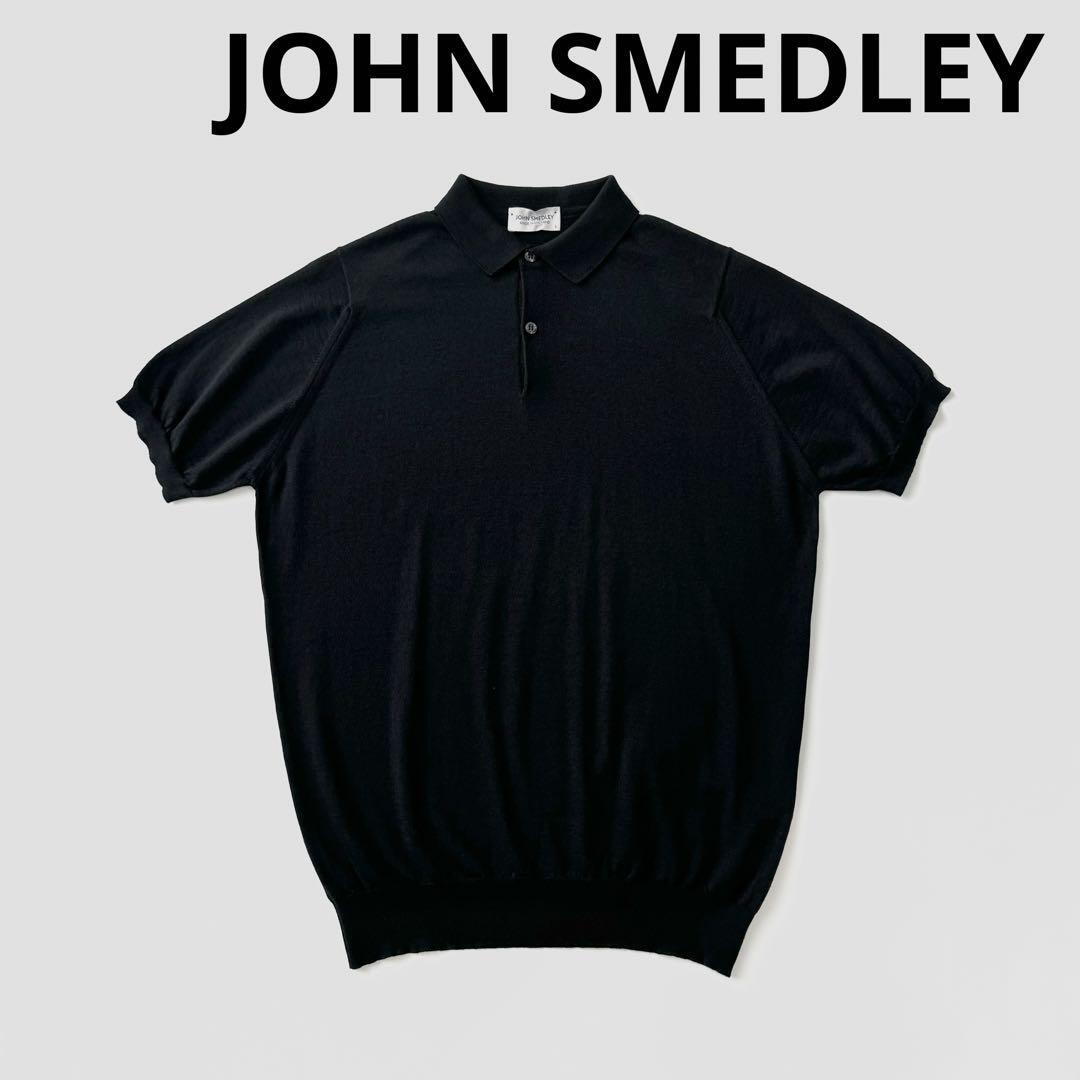 JOHN SMEDLEY ジョンスメドレー ウール コットン ニットポロ ポロシャツ L ブラック 黒 ハイゲージ ニット セーター 毛 綿 半袖 国内正規_画像1