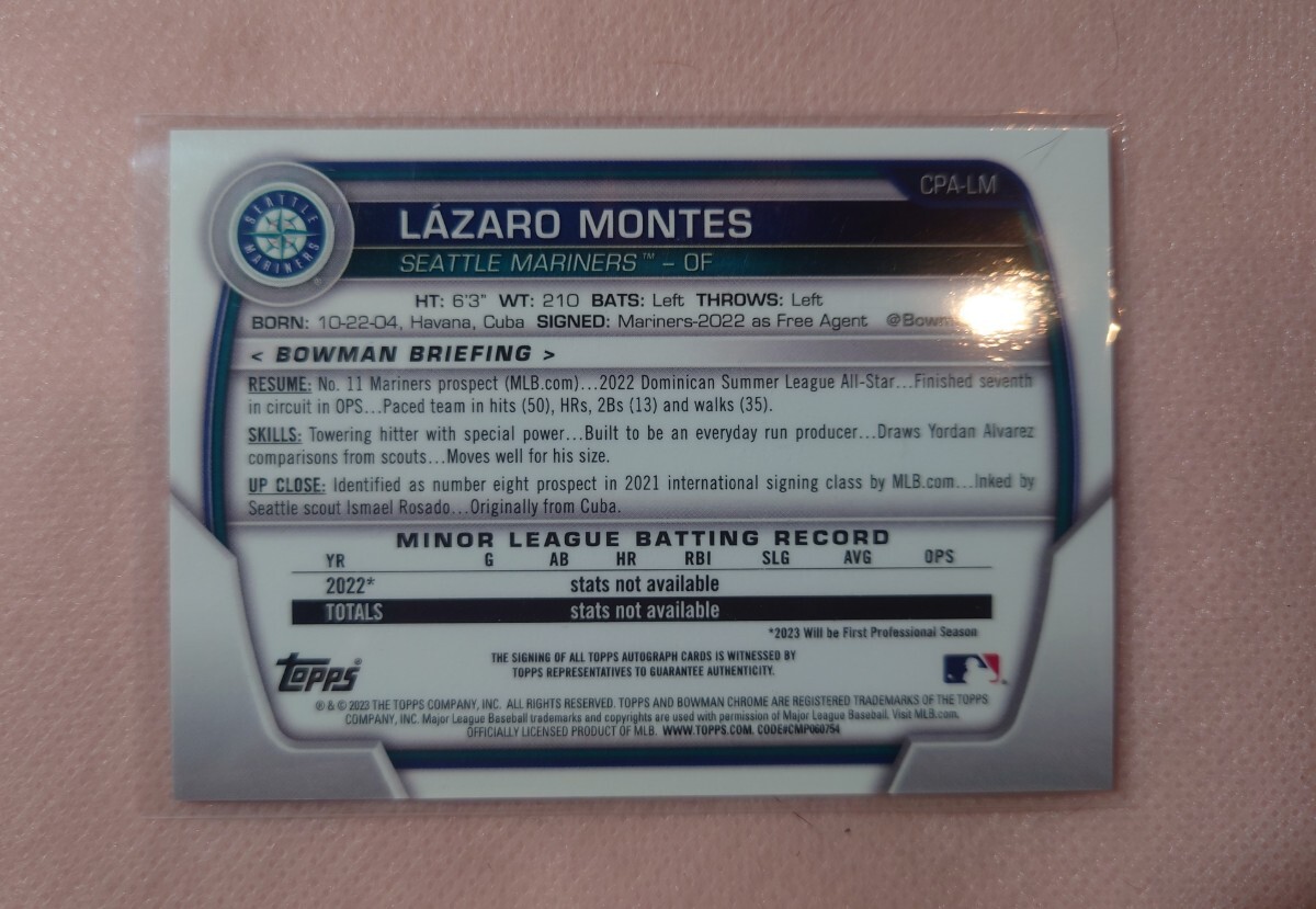 LAZARO MONTES 1st Bowman autograph MARINERS Bowman Chrome 2023の画像2