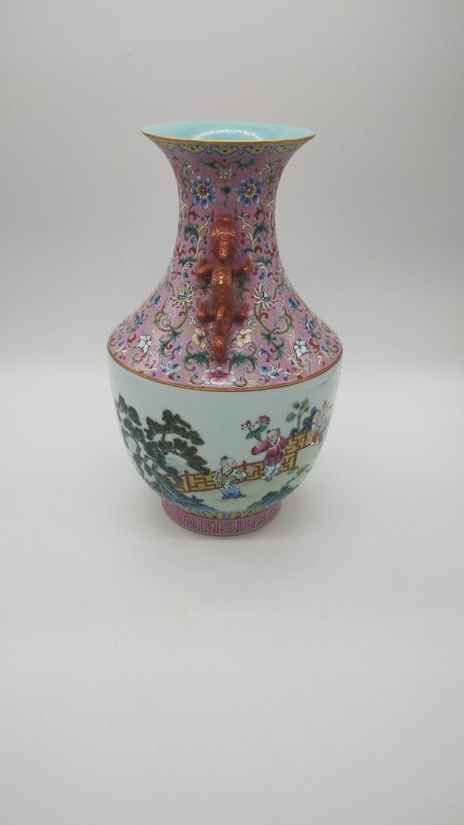 中国 瓷器 花瓶 壺 古物 色絵 時代物 花入 唐物 人物 耳あり 中国古美術_画像4