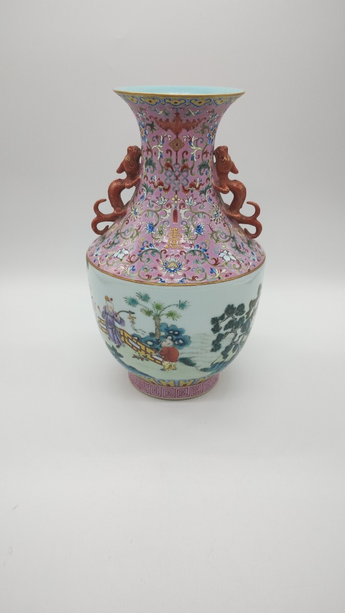 中国 瓷器 花瓶 壺 古物 色絵 時代物 花入 唐物 人物 耳あり 中国古美術_画像3