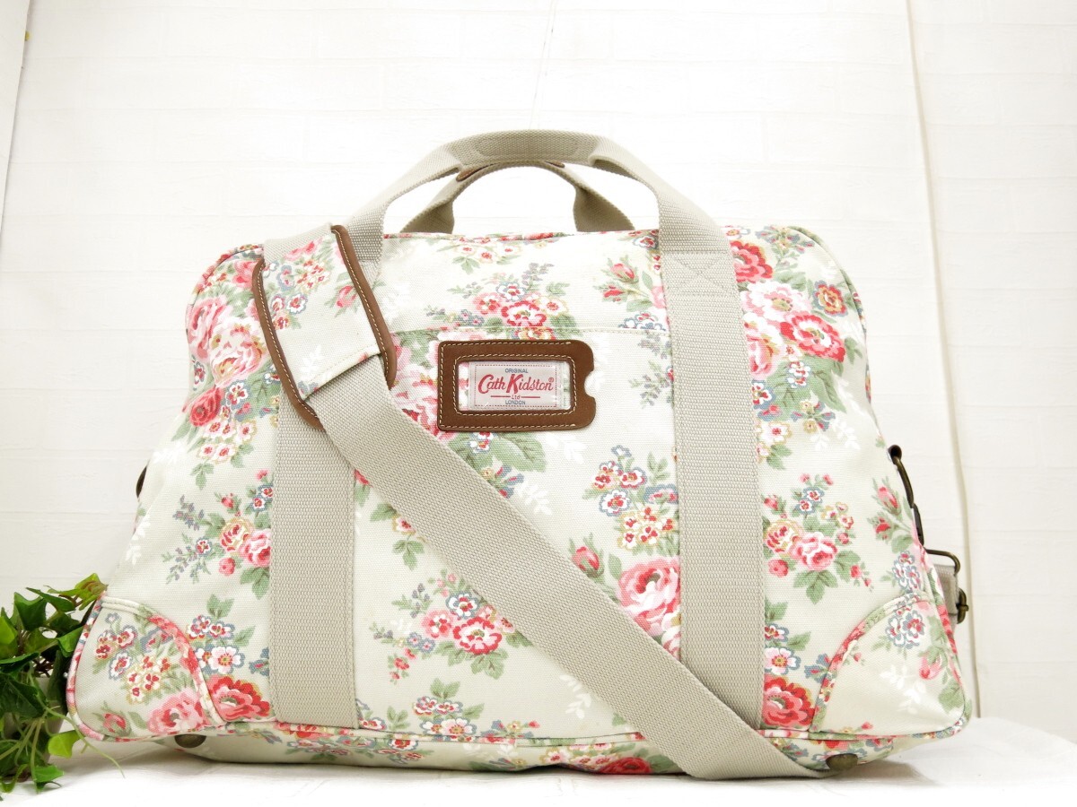 Cath Kidston キャスキッドソン◆キャンバス レザー 本革◆2way ボストン ショルダー バッグ◆薄黄緑 ピンク G金具◆美品◆花柄◆N7686_画像1