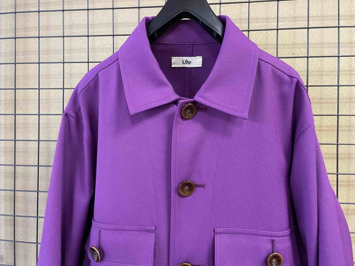 【Uhr/ウーア】19AW Wool×Poly Big Silhouette Jacket size36 PURPLE シャンブレー ギャバジン オーバージャケット カバーオール パープルの画像3