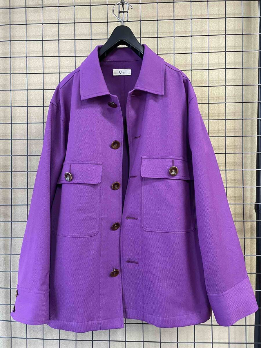 【Uhr/ウーア】19AW Wool×Poly Big Silhouette Jacket size36 PURPLE シャンブレー ギャバジン オーバージャケット カバーオール パープルの画像4