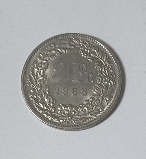 スイス２フラン硬貨　１９６8年　美品　_画像1