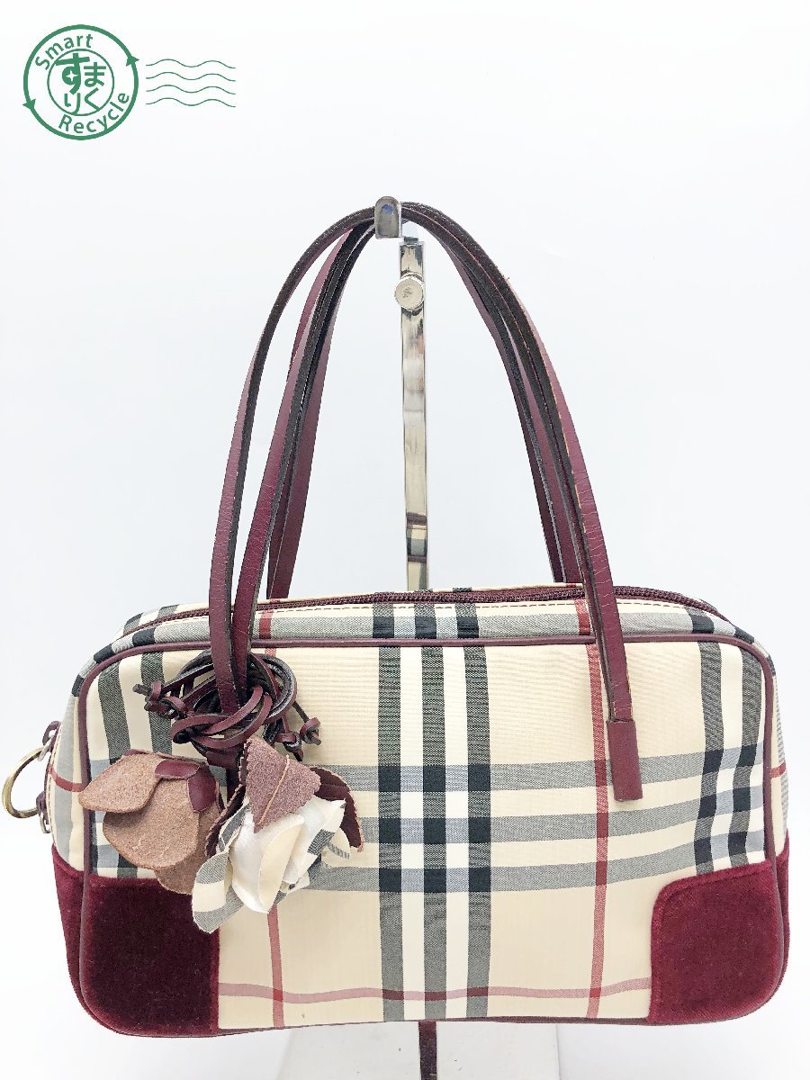 2403661418　▽ BURBERRY バーバリー ノバチェック キャンバス レザー ハンドバッグ トートバッグ レディース レッド系 ジャンク 中古_画像1