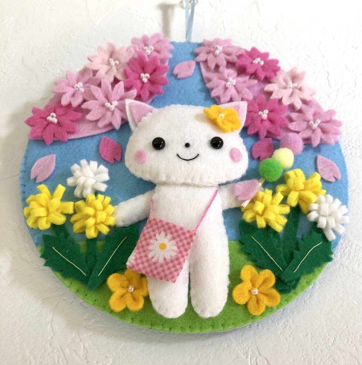 ハンドメイド☆フェルト☆リース☆春☆桜☆猫☆団子☆たんぽぽ☆壁飾り　_画像5