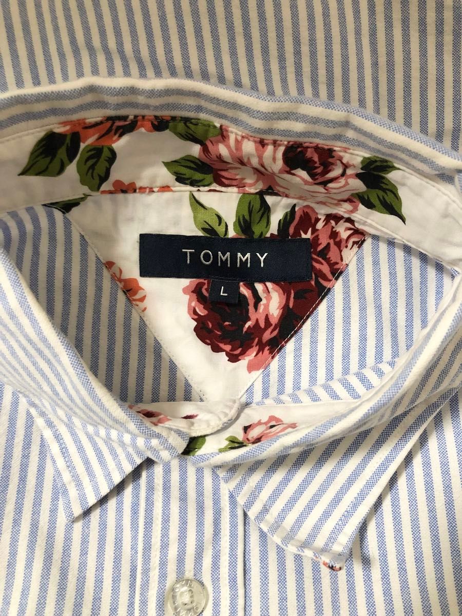 TOMMY ストライプ 花柄 半袖 前ボタン シャツ ブルー メンズ Lサイズ