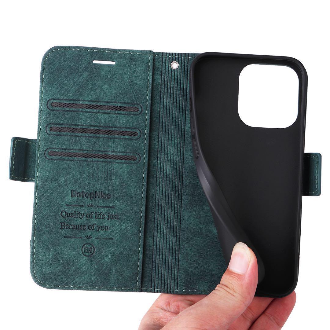 Iphone13ケース　手帳型　緑　高級感　お洒落　上質PUレザー　アイホン13カバー　グリーン　スピード発送　耐衝撃　カード収納 
