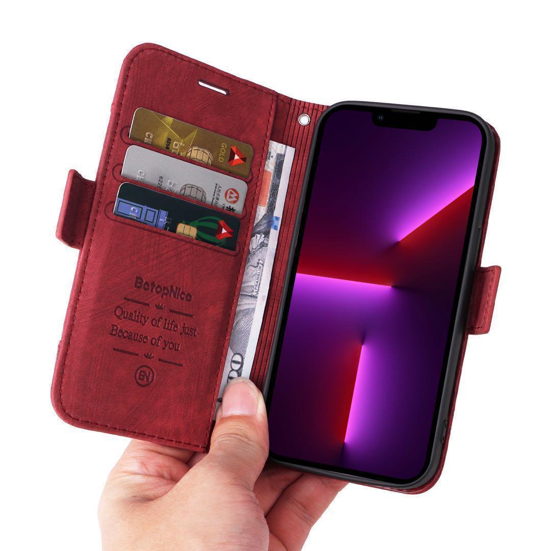 Iphone13miniケース 手帳型 赤 高級感 お洒落 上質PUレザー アイホン１3ミニカバー レッド スピード発送 耐衝撃 カード収納 男女兼用