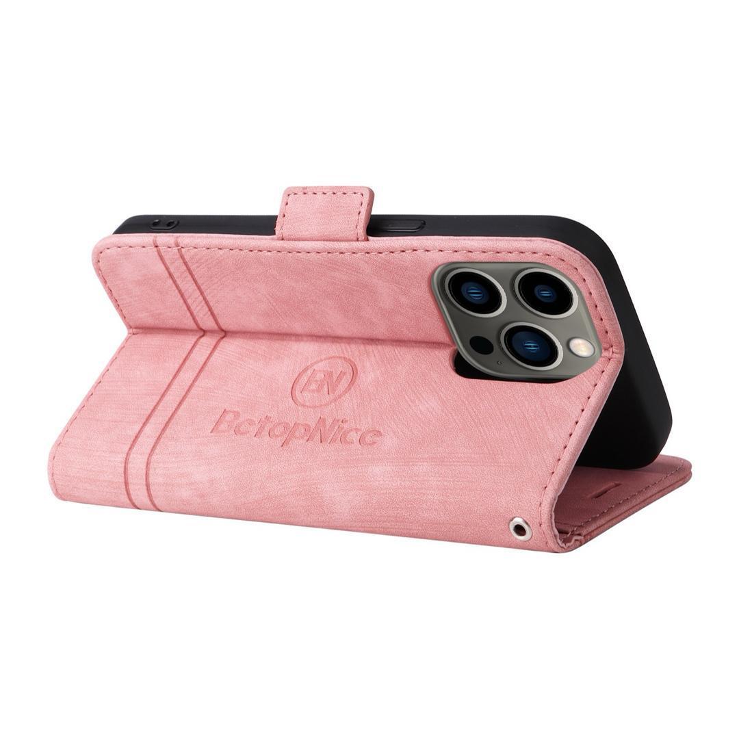Iphone14Plusケース 手帳型 ピンク 高級感 上質PUレザー アイホン1４プラスカバー ピンク スピード発送 耐衝撃 カード収納